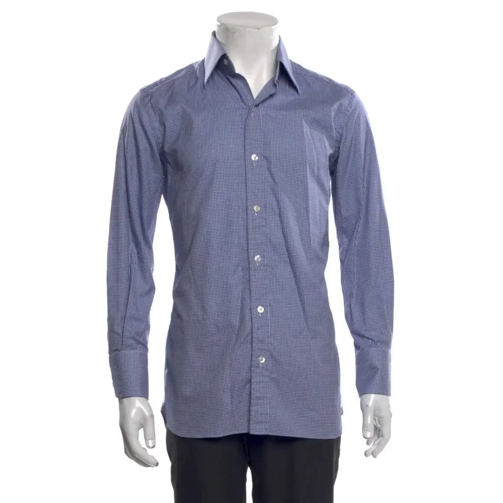 Tom Ford‎ Blue White Micro Check Dress Shirt 39 15.5 Luxury Cotton Tailored
